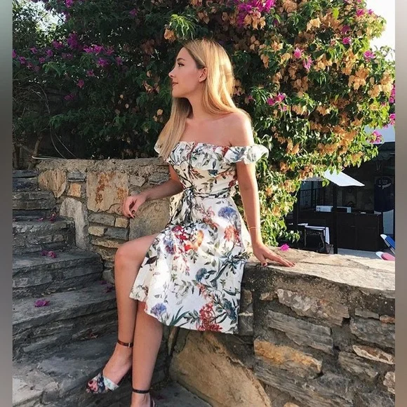 Zara Floral Button Down Off The Shoulder Dress - Picture 1 of 13